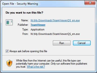 Team viewer dialog box asking if uses want to run the file