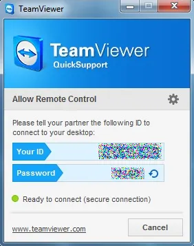 Team Viewer - allow remote control - enter ID and password